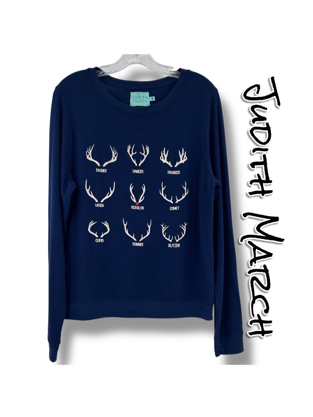 Judith March Navy Reindeer Antler Crewneck Sweatshirt Holiday Women’s Size S